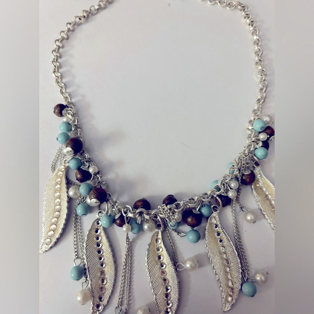 17in adjustable silver necklace with turquoise and brown colored beads